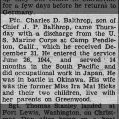 News-BALTHROP Charles (USMC Discharge)