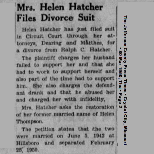 News-HATCHER Helen and Ralph (Divorce)