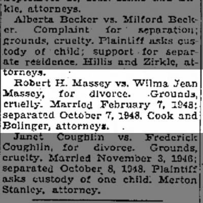 News-MASSEY Wilma and Robert (Divorce)