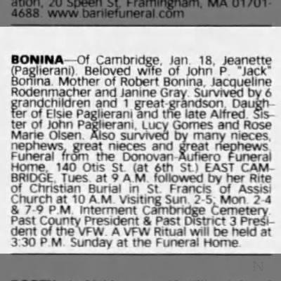 Obituary-BONINA Jeannette