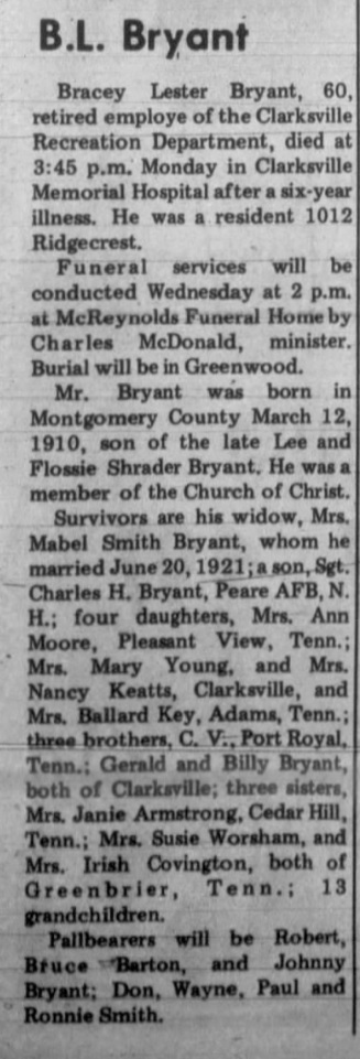 Obituary-BRYANT Bracey Lester