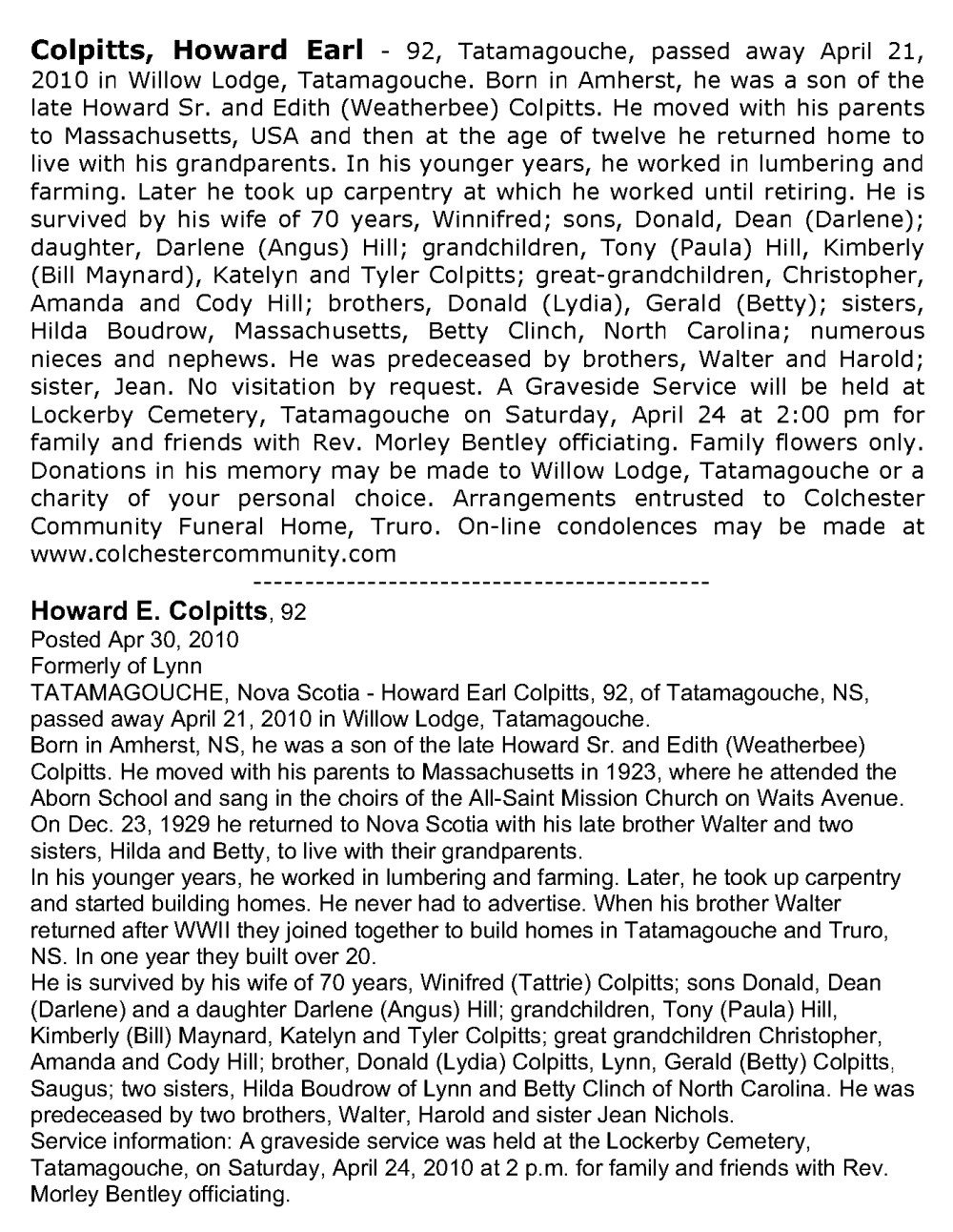 Obituary-COLPITTS Howard Jr