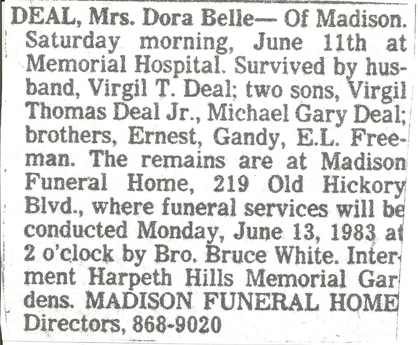 Obituary-DEAL Dora Belle (Freeman)