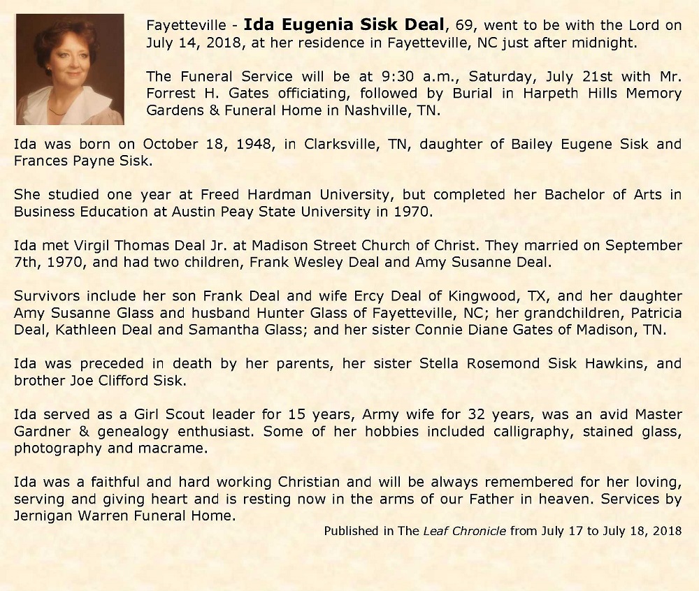 Obituary-DEAL Ida Eugenia (Sisk)