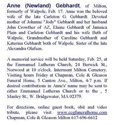 Obituary-GEBHARDT Anne (Newland)