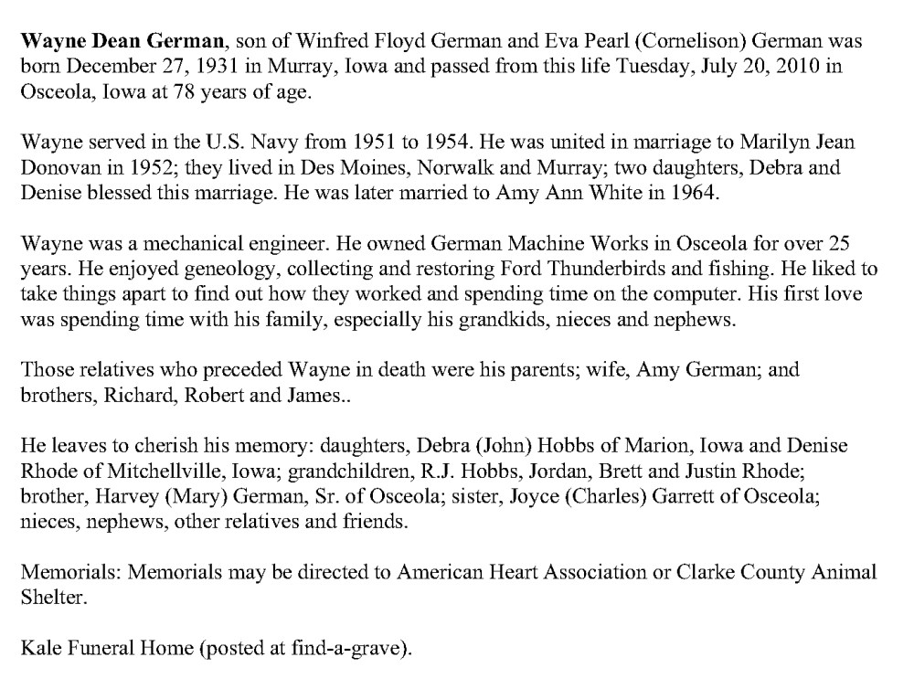 Obituary-GERMAN Wayne Dean
