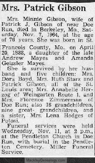 Obituary-GIBSON Minnie (Mayes)