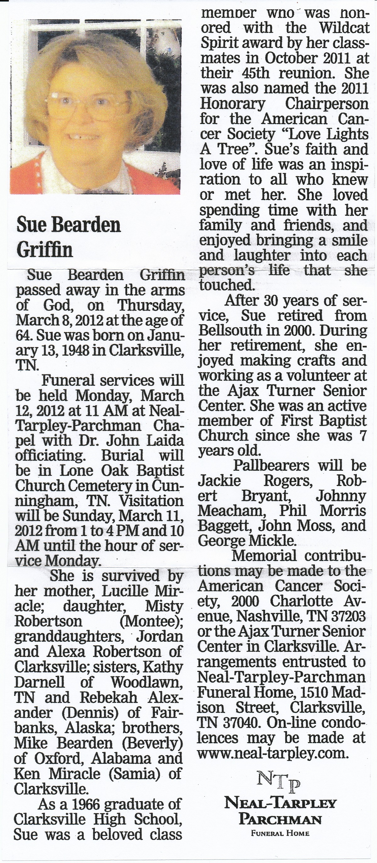 Obituary-GRIFFIN Patrica Sue (Bearden)
