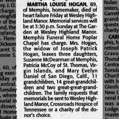 Obituary-HOGAN Martha