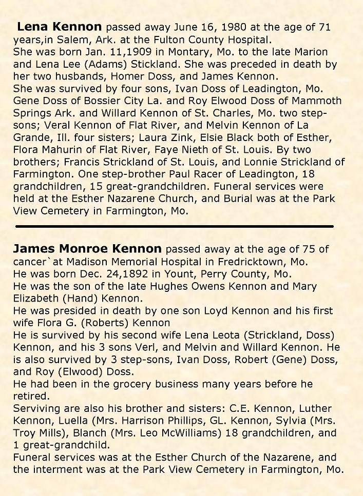 Obituary-KENNON James Monroe and Lena Leota (Stricklin)