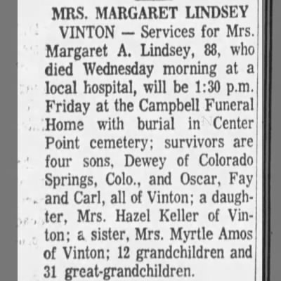 Obituary-LINDSEY Margaret