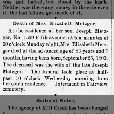 Obituary-METZGER Elizabeth