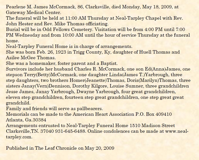 Obituary-McCORMACK Pearlene M (Thomas) James