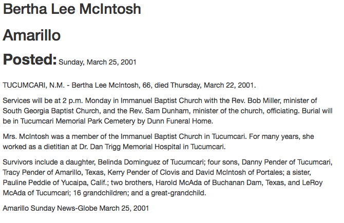 Obituary-McINTOSH Bertha Lee