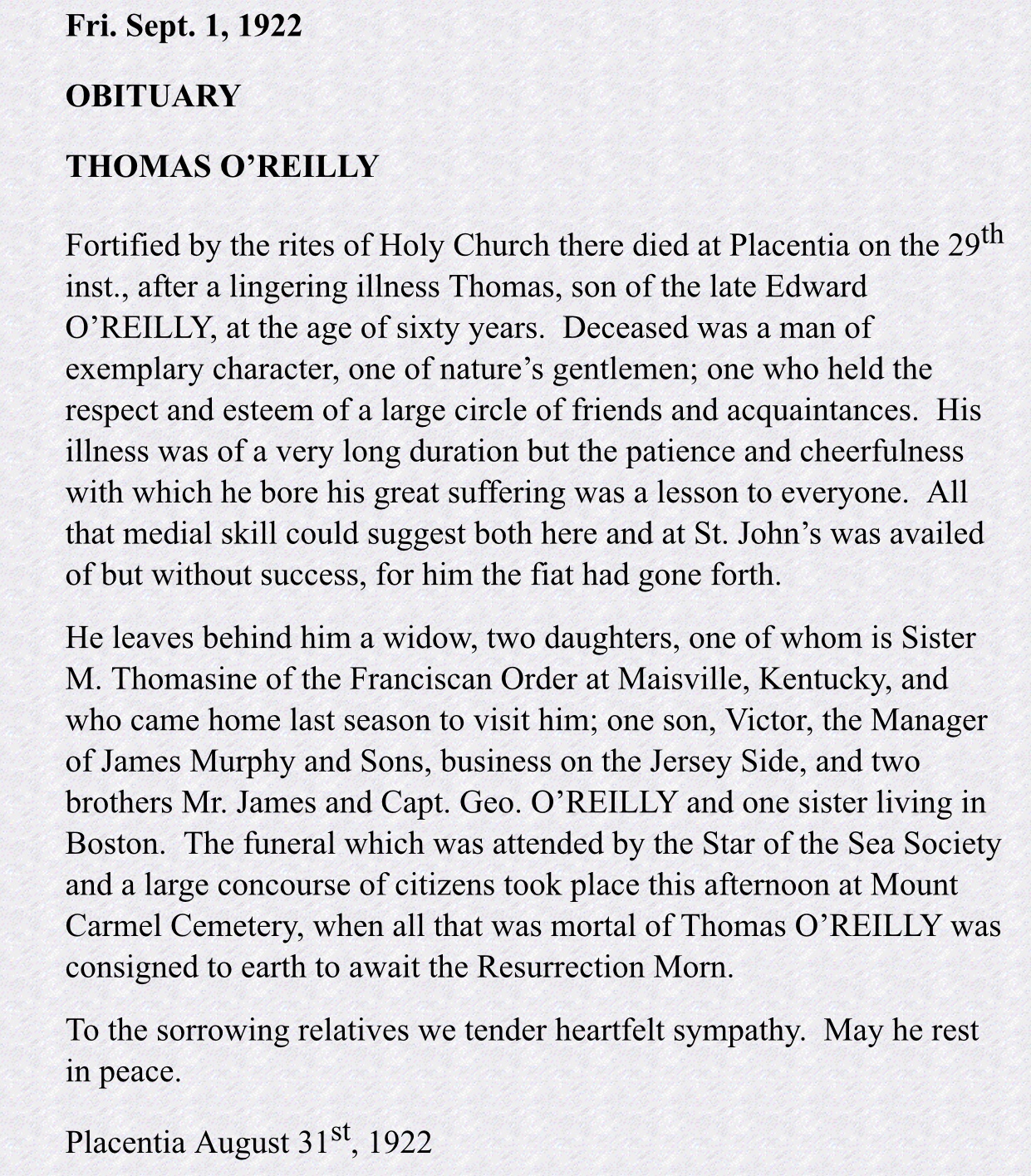 Obituary-O'REILLY Thomas