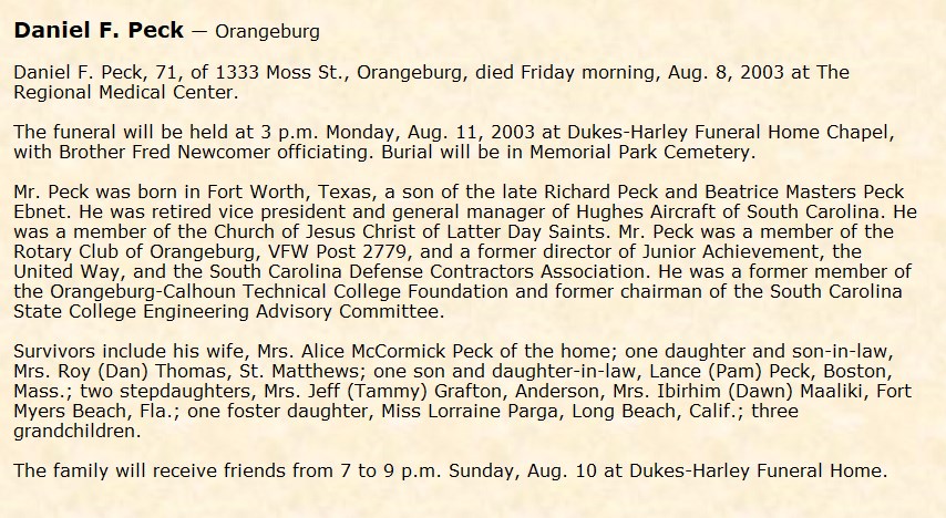 Obituary-PECK Daniel Fayette