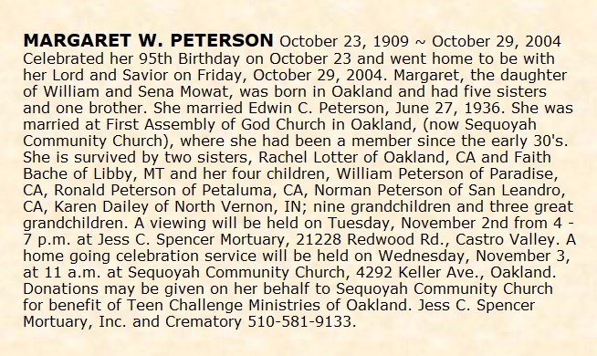 Obituary-PETERSON Margaret Willamina (Mowat)