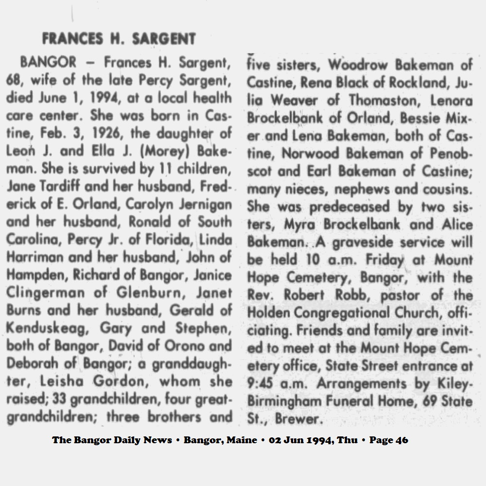 Obituary-SARGENT Frances