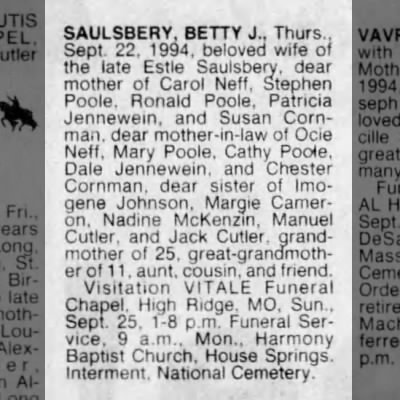 Obituary-SAULSBERY Betty Jewell (Cutler)