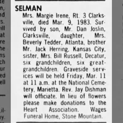 Obituary-SELMAN Margie