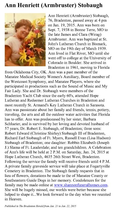 Obituary-STOBAUGH Ann Henriett (Armbruster)
