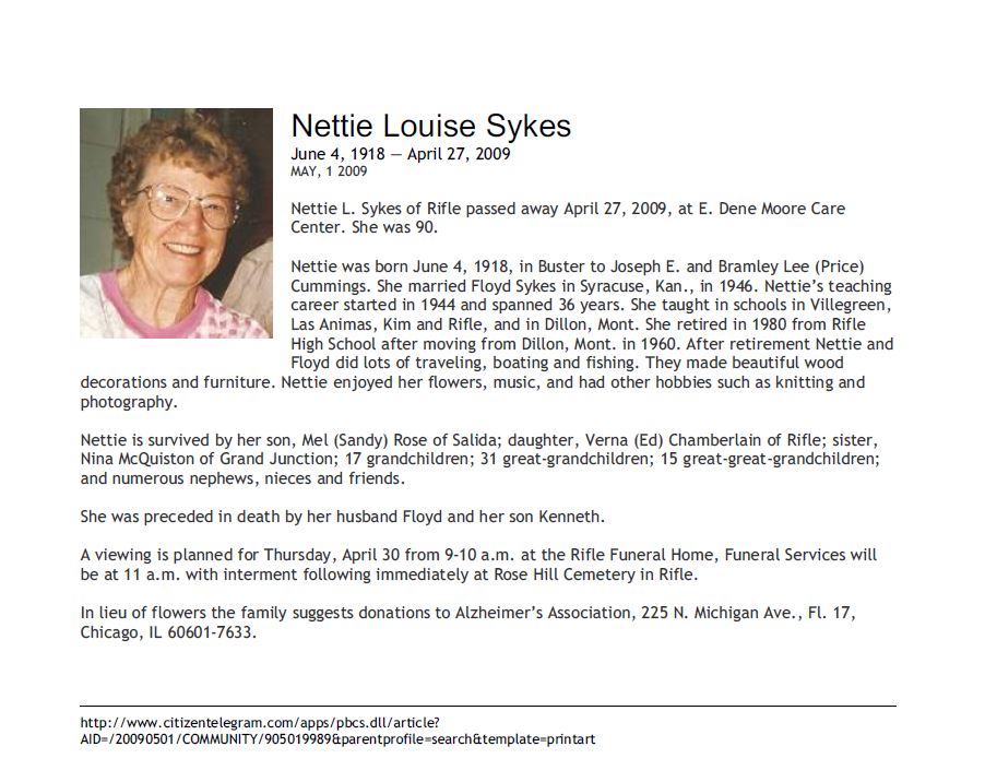 Obituary-SYKES Nettie