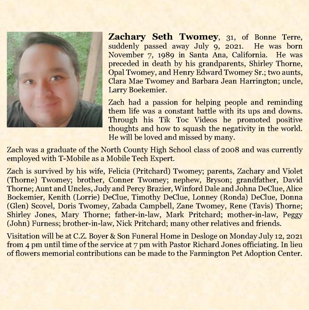 Obituary-TWOMEY Zach