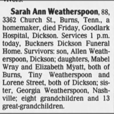 Obituary-WEATHERSPOON Sarah