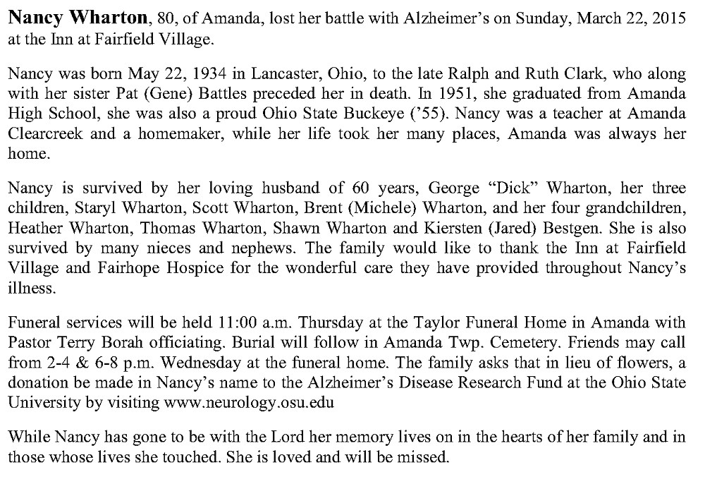 Obituary-WHARTON Nancy R (Clark)