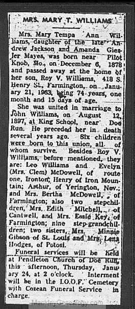 Obituary-WILLIAMS Mary Tempa Ann (Mayes)