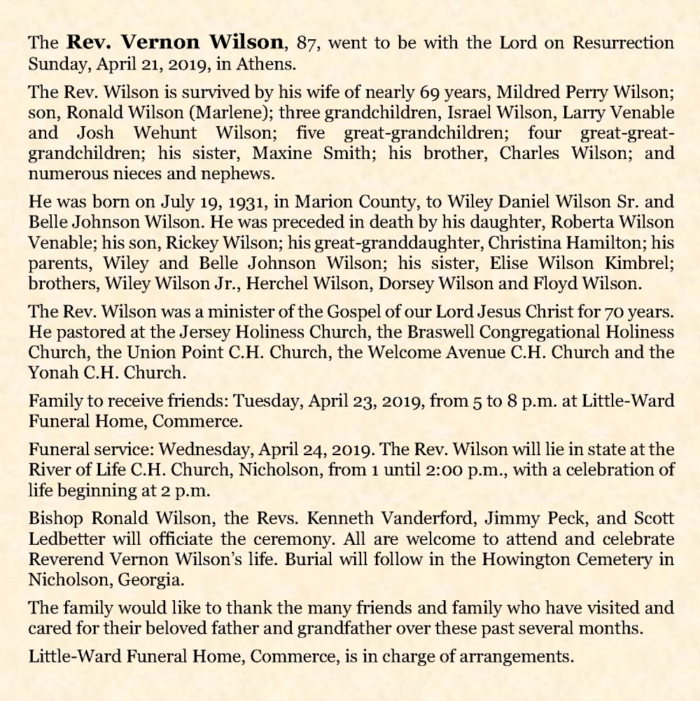 Obituary-WILSON Rev Vernon
