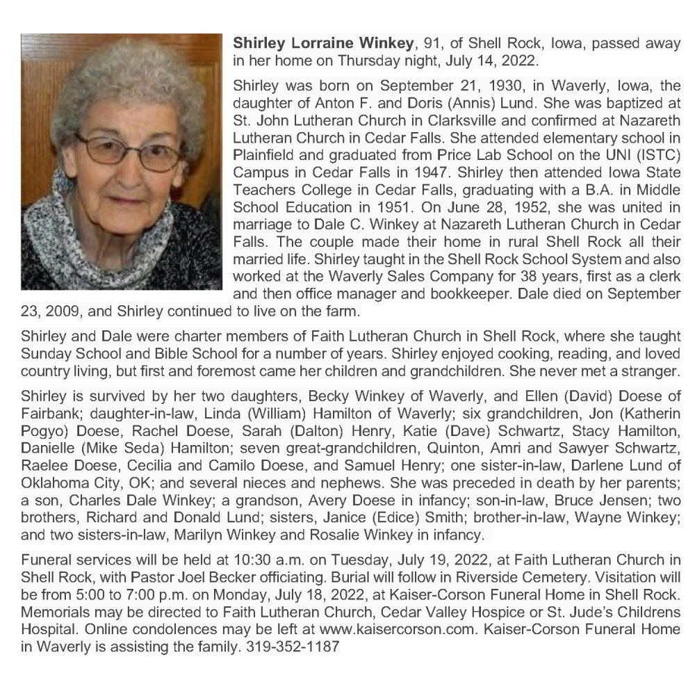 Obituary-WINKEY Shirley