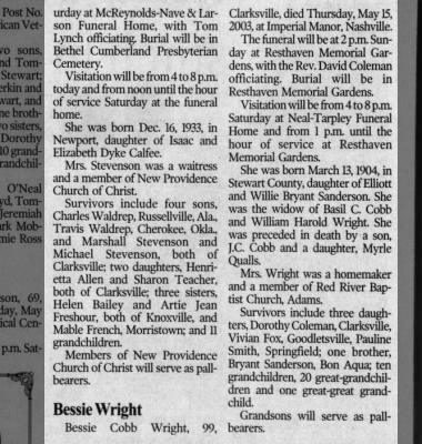 Obituary-WRIGHT Bessie Myrle (Sanderson)