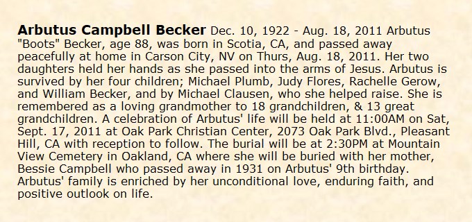 Obituary-BECKER Artubus Hope (Campbell) "Boots"