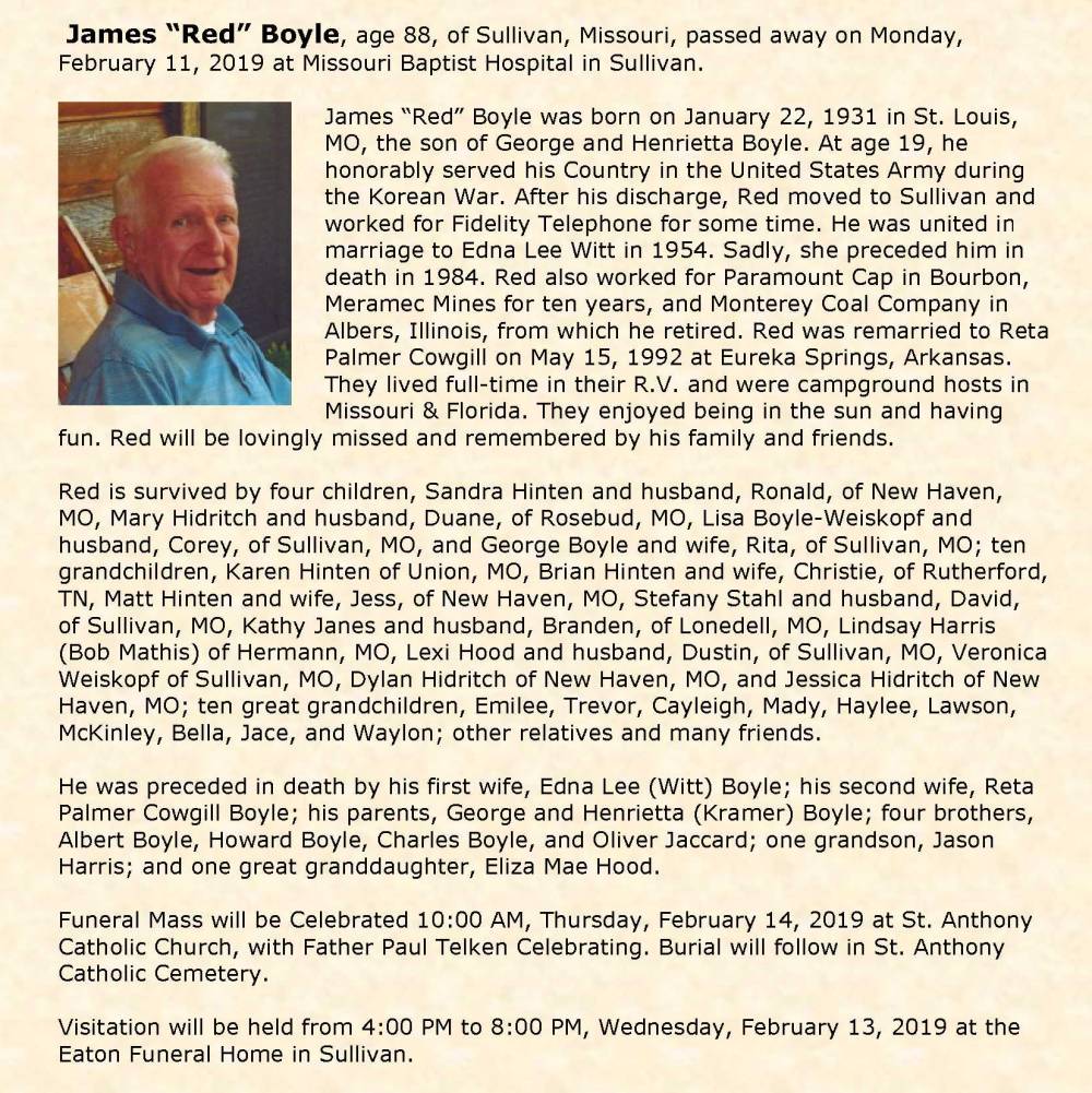 Obituary-BOYLE James R "Red"
