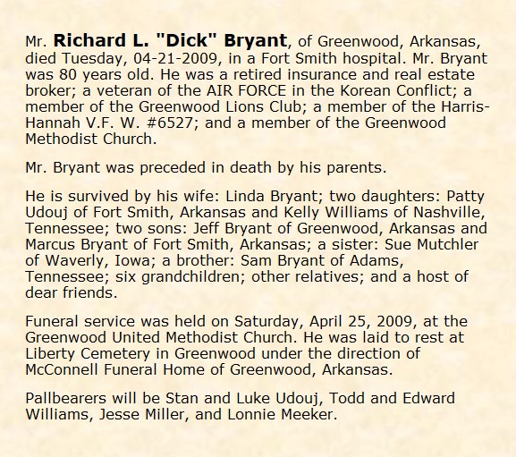 Obituary-BRYANT Richard Lucian "Dick"