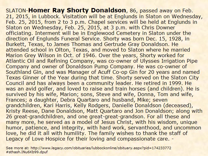 Obituary-DONALDSON Homer Ray "Shorty"