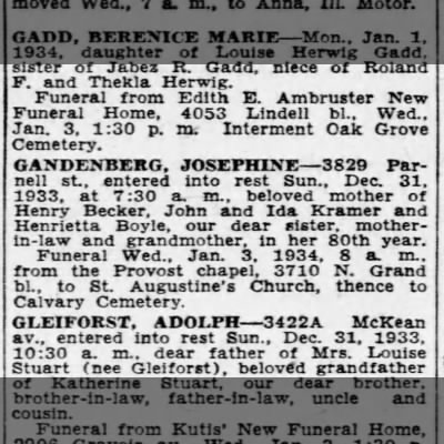 Obituary-GANDENBERG Josephine (Lange) "Fiene"