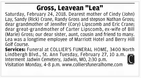 Obituary-GROSS Leavean (Barton) "Lea"