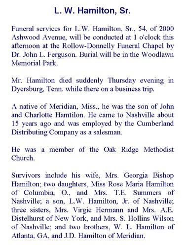 Obituary-HAMILTON Lonie Witt Sr "LW"