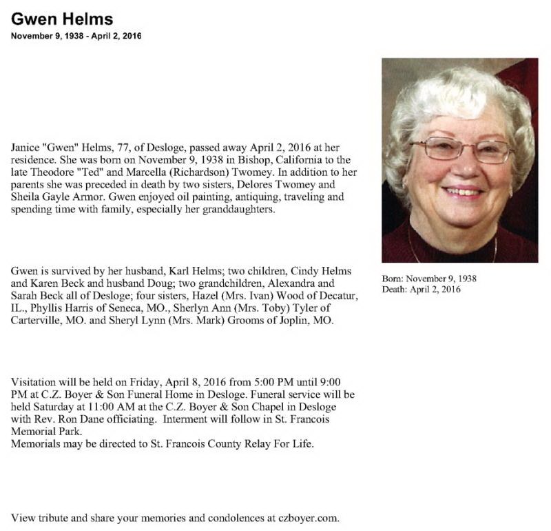 Obituary-HELMS Janice Gwendolyn (Twomey) "Gwen"