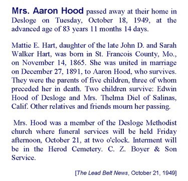 Obituary-HOOD Martha Elizabeth (Hart) "Mattie"