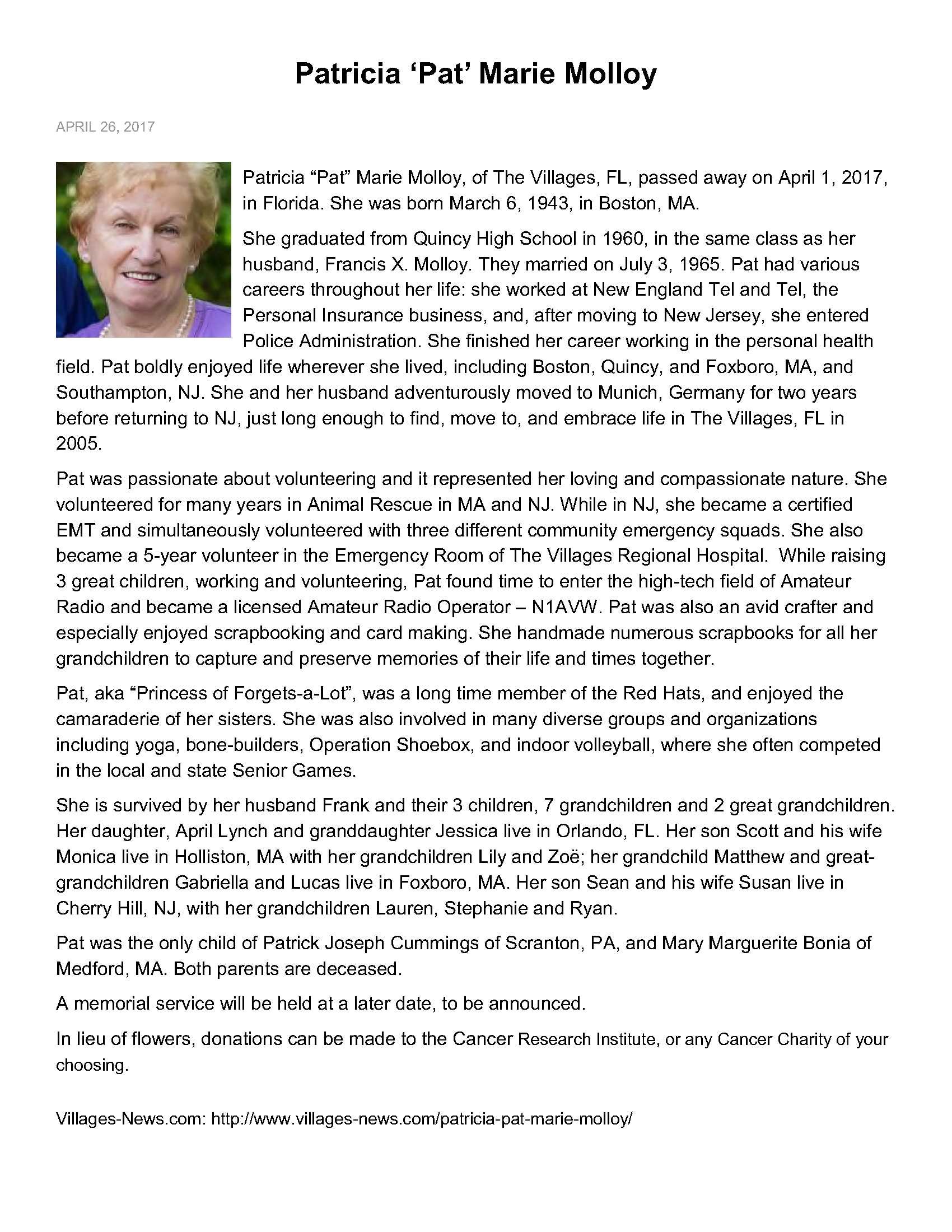 Obituary-MOLLOY Patricia Marie (Cummings) "Pat"