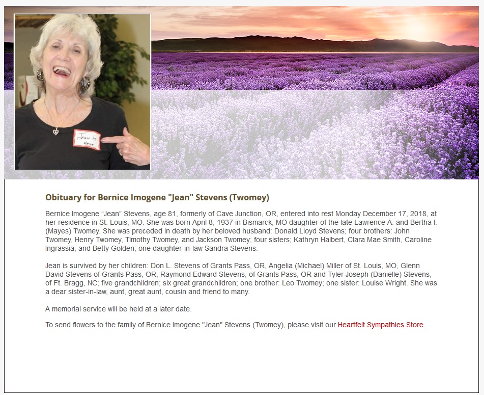 Obituary-STEVENS Bernice  Imogene (Twomey) "Jean"