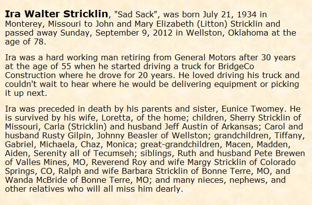 Obituary-STRICKLIN Ira Walter "Sad Sack"