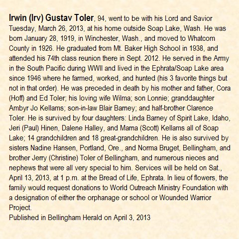 Obituary-TOLER Irwin Gustav "Irv"